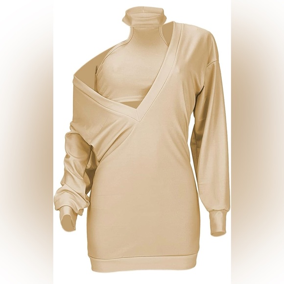 NWOT 2 Piece Knit Plunge Mini Sweatshirt Dress with Halter Crop Top - Picture 3 of 5